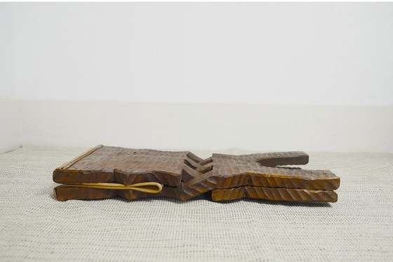 Image 1 of Brutalist Folding Stool Leather Sling Seat Hand Carved Wood X Frame 1950s Rustic Mid Century Ottoman