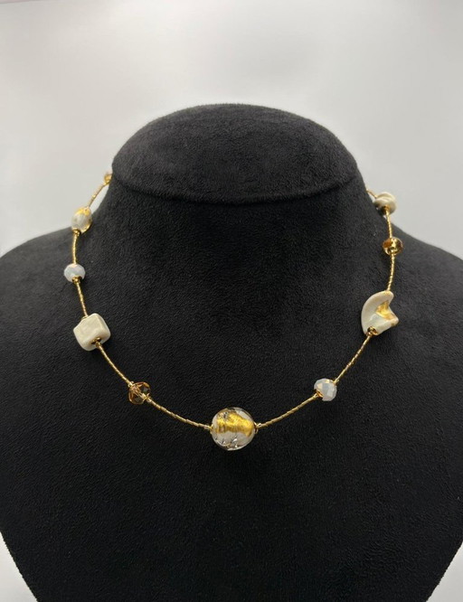 White Murano Glass Necklace with 24kt Gold Leaf – Venetian Artisan Jewelry