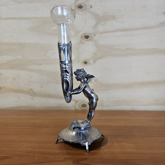 Image 1 of Antique silver-plated vase / bougeoir / candlestick cherub / angel