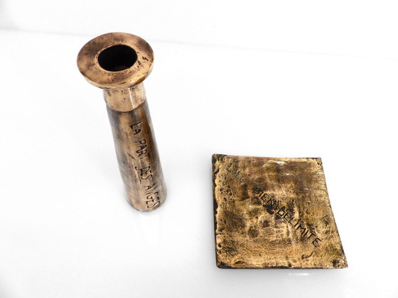 Image 1 of Brutalist bronze ashtray and candleholder set, France, circa 1980
