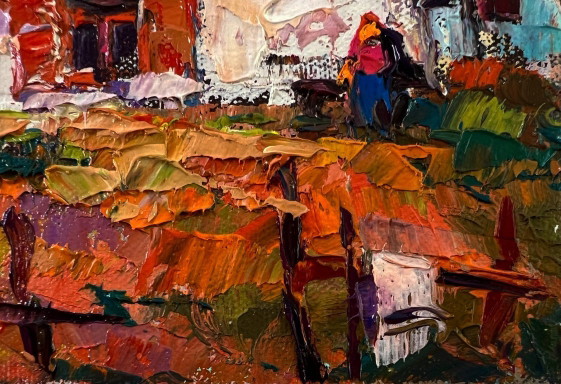 Original Oil Painting Sunset Village Landscape Evening in the Yard – Paintings & Drawings, Canvas (photo 5 of 8)