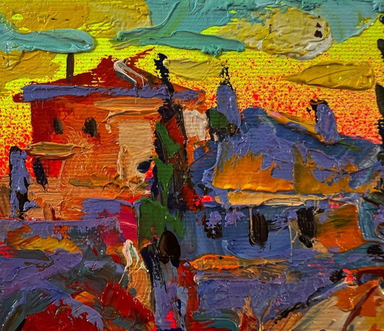 Image 1 of Original Oil Painting Sunset Sky Landscape Evening Over The City