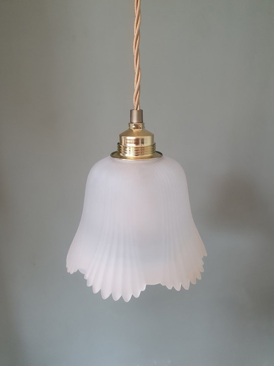 Image 1 of Lampe suspendue florale vintage en verre dépoli des années 1940-50.