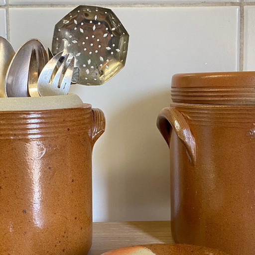 2 Pots à Graisse ou Confit Grès de Bonny Émaillé Ancien avec Couvercle