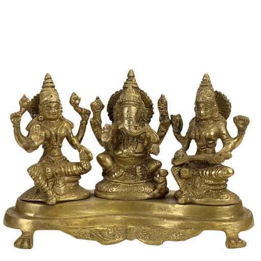 Heavy Indian Brass Altar Statue of Ganesha, Lakshmi and Saraswati - 3 kg (antique)