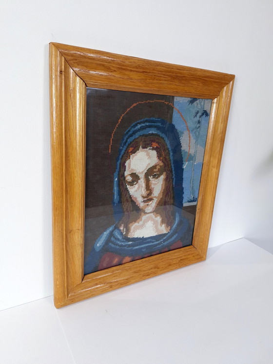 Image 1 of Ricamo a punto croce vintage fatto a mano, arazzo da parete in gobelin, Vergine Maria, Signora di Lourdes, icone cattoliche, cor