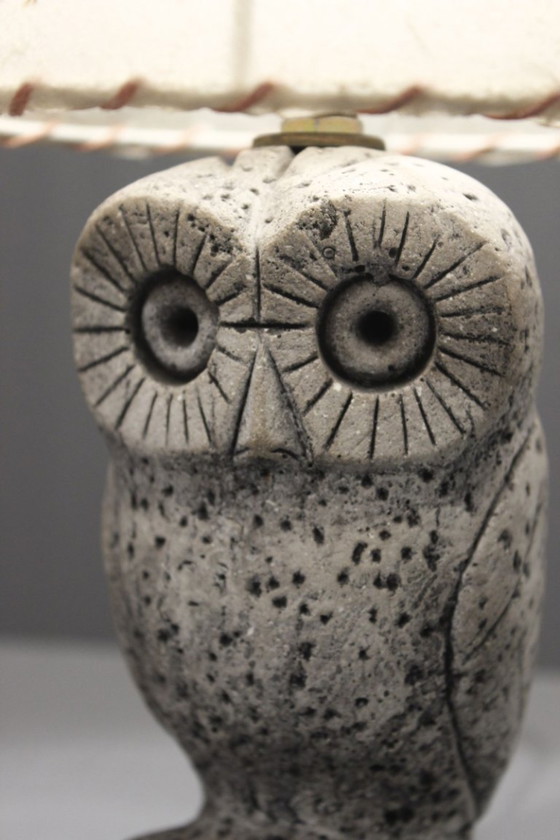 Image 1 of Lampe chouette hibou vintage 1970s plâtre peint abat jour herbier