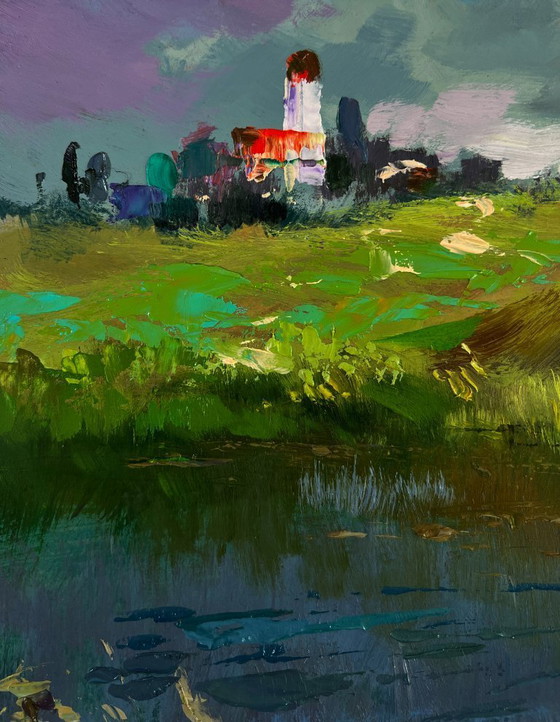 Image 1 of Original Oil Painting Summer Bridge Landscape Girls are walking by the river