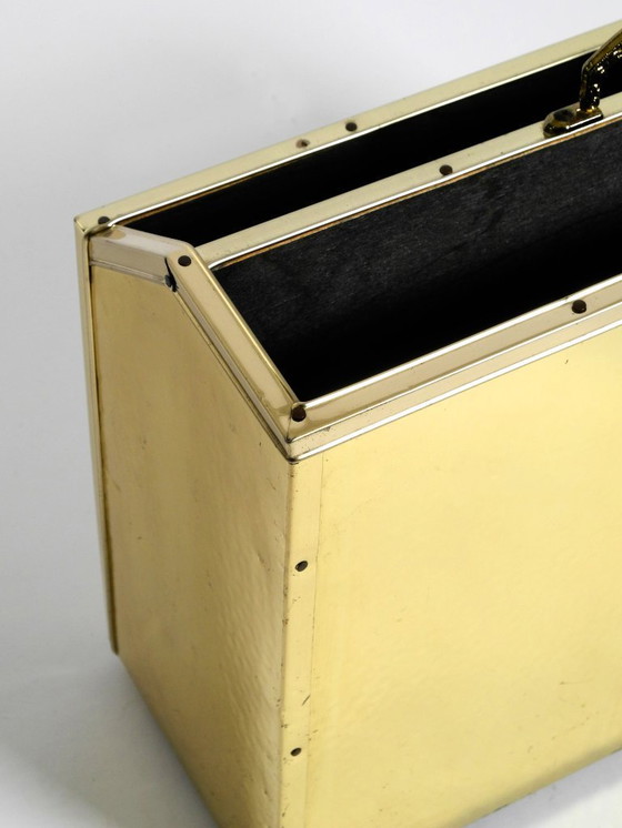 Image 1 of Extraordinary 1980s newspaper rack made of brass and wood in Hollywood Regency design