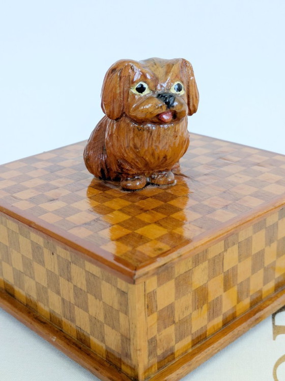 Image 1 of Midcentury Handmade Wooden Trinket Box, Dog Figurine Lid Checkered Pattern, Quirky Decor