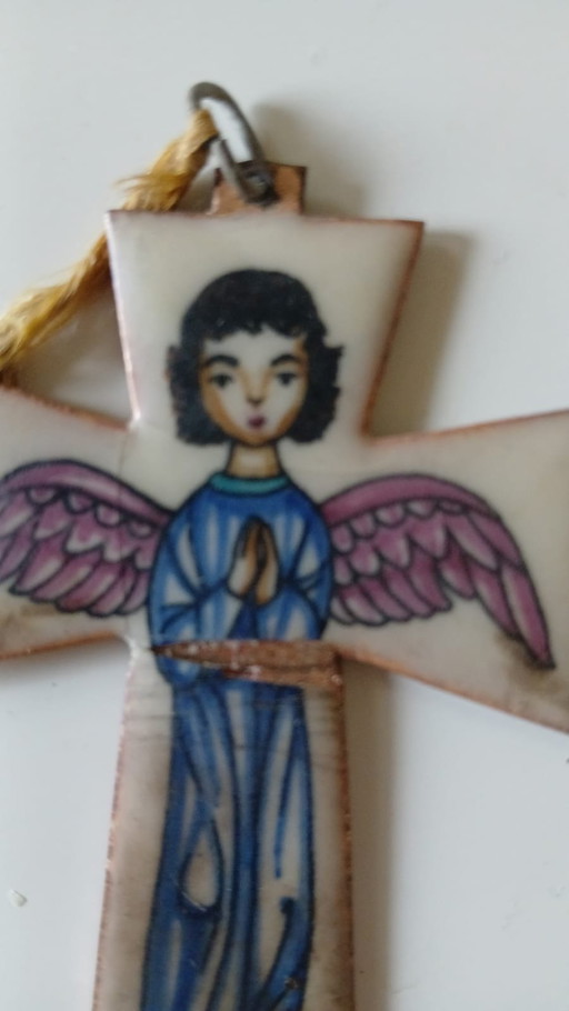 Cradle cross copper vintage crucifix angel enamel