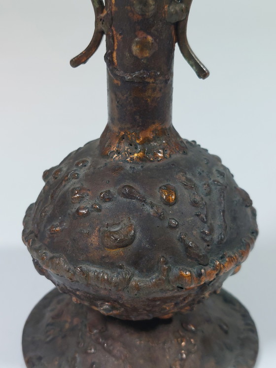 Image 1 of Brutalist vintage mid-century copper handled vase, vase melts
