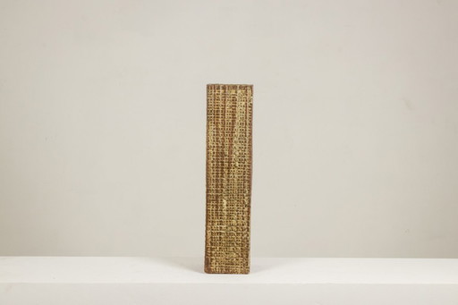 Brutalist style stoneware vase with plant decoration. Year 1977.