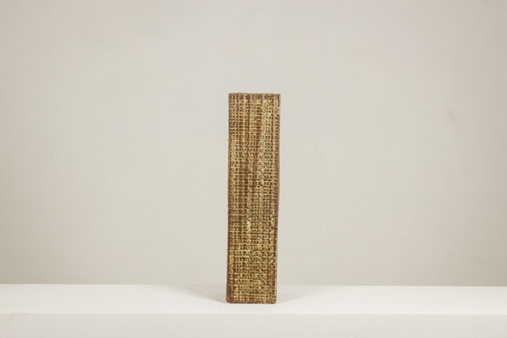 Image 1 of Brutalist style stoneware vase with plant decoration. Year 1977.