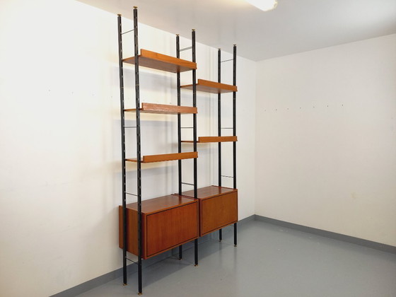 Image 1 of Bibliothèque étagère italienne double modulable vintage en teck et métal des années 60