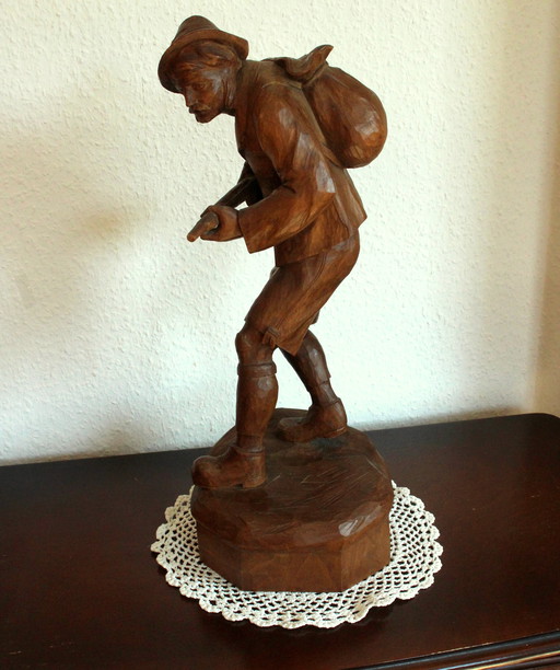 Grande sculpture en bois de chasseur/braconnier - Superbe décoration pour salle de chasse des années 30