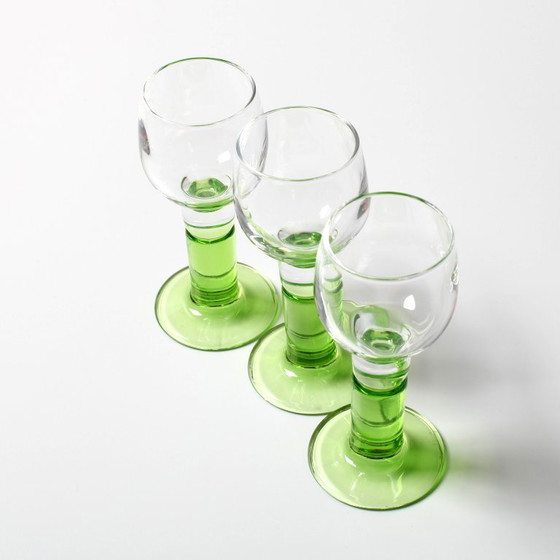 Image 1 of Set of 3 Vintage Limoncino Liquor Glasses / Green Stem Shot Stemware / Bormioli Rocco / Italy / 1970s