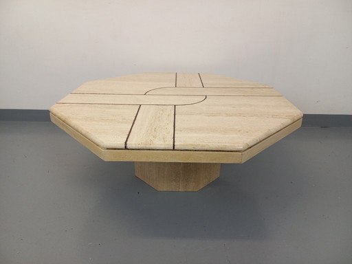 Vintage octagonal travertine coffee table with geometric pattern from the 70s and 80s