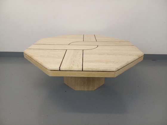 Image 1 of Vintage octagonal travertine coffee table with geometric pattern from the 70s and 80s