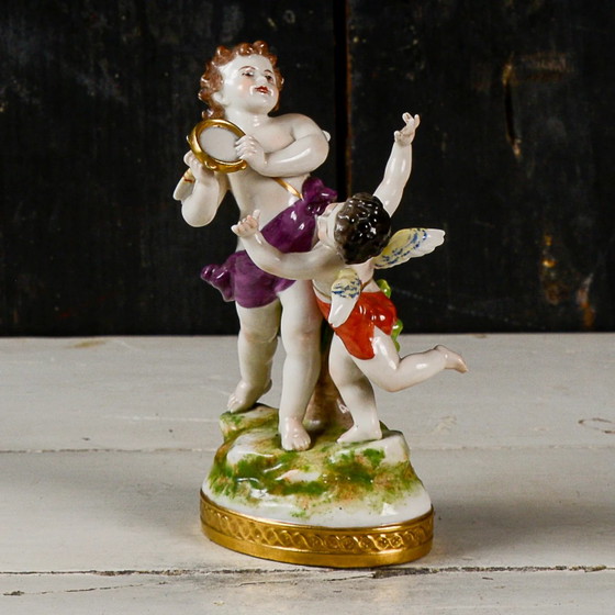 Capodimonte Statue Sculpture of Dancing Putti Musicians with Harpsichord – Porcelain, Gold, Klassiek (photo 3 of 9)
