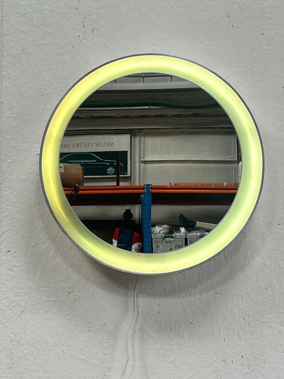 Image 1 of Vintage Round Wooden Wall Mirror With Lighting, Xl, 1970's
