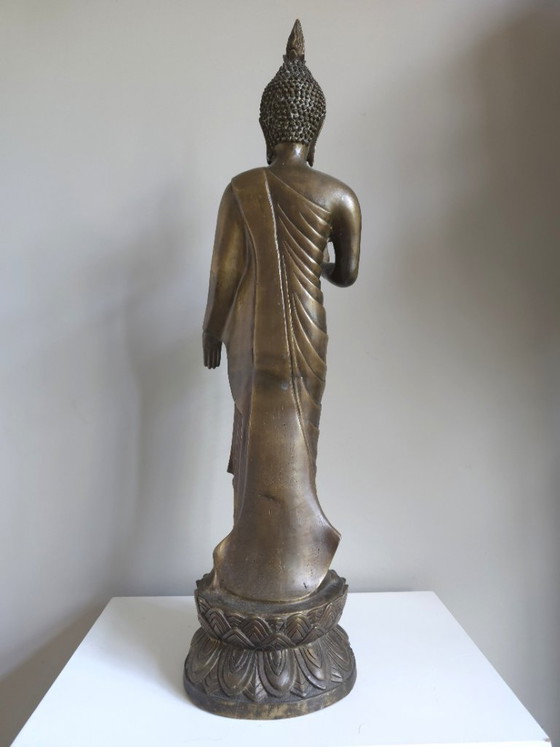Antique Standing Bronze Thai Buddha (70 cm) – Vitarka Mudra – Sculpture (photo 6 of 9)