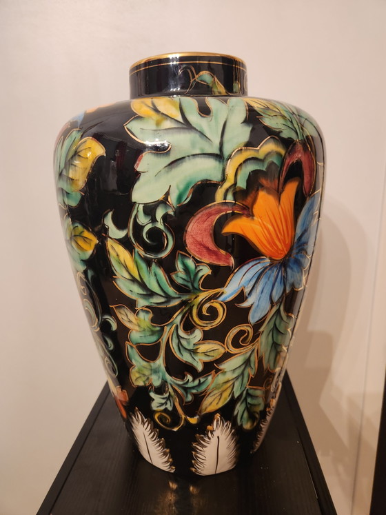 Image 1 of Large Vintage Art Deco Style Vase - Hubert Bequet - Black with Hand-Painted