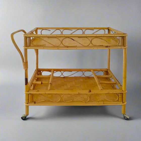 Image 1 of 1960s Gorgeous and Elegant Serving Bar Cart in Bamboo & Rattan by Franco Albini, Made in Italy