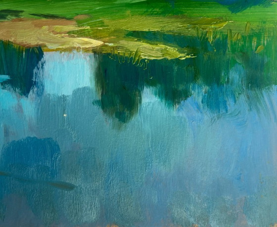 Image 1 of Peinture à l'huile originale représentant un paysage lacustre côtier. Temps chaud idéal pour la pêche.