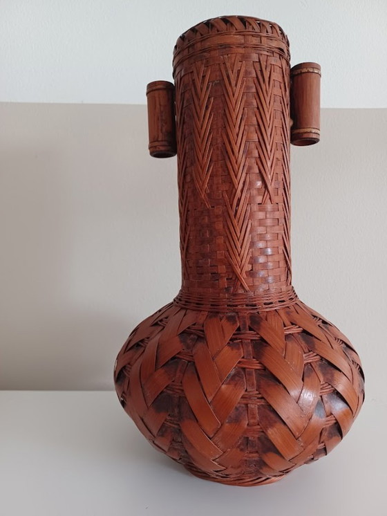 Image 1 of Ikebana hanakago - vintage Japanese bamboo vase. Handwoven. Craft. Mid - Century.