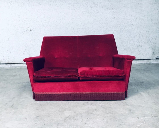 Image 1 of Hollywood Regency Style Fuchsia Velvet 2 Seat Sofa with fringe 1960's