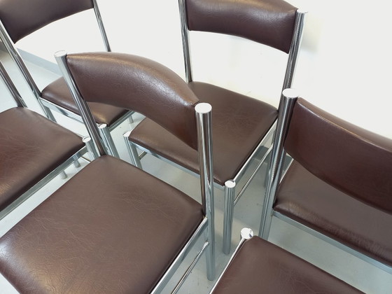 Image 1 of Set di 6 sedie vintage anni '70 in metallo cromato e similpelle marrone