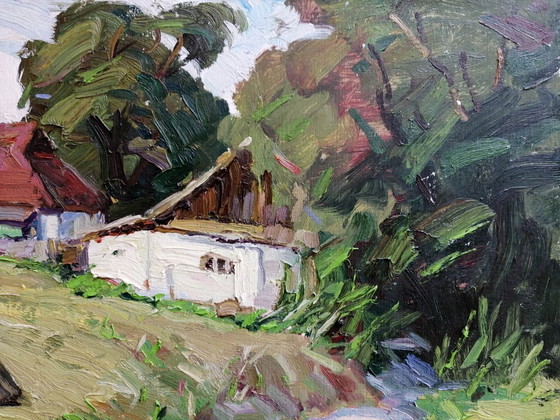 Peinture à l'huile originale Paysage rural Vie de village d'été Campagne Au-delà du puits (photo 5 of 11)