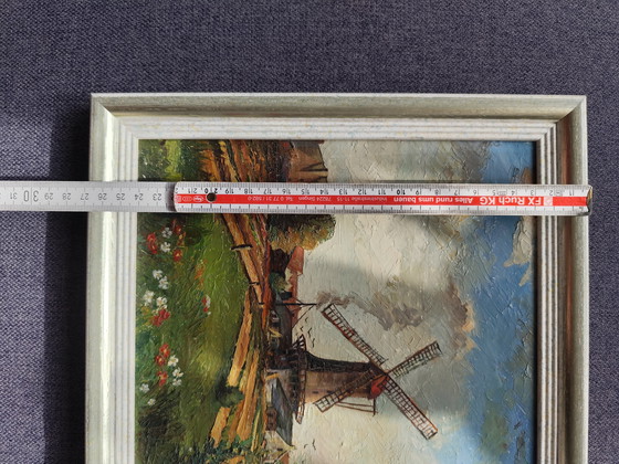 Image 1 of Olieverfschilderij "Windmolen in landschap" gesigneerd A. Schiele 1952, 27,5 x 27,5 cm Kunst