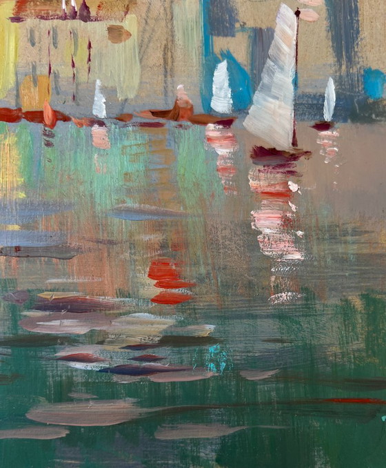 Image 1 of Original Oil Painting Summer City Landscape Bells over the river