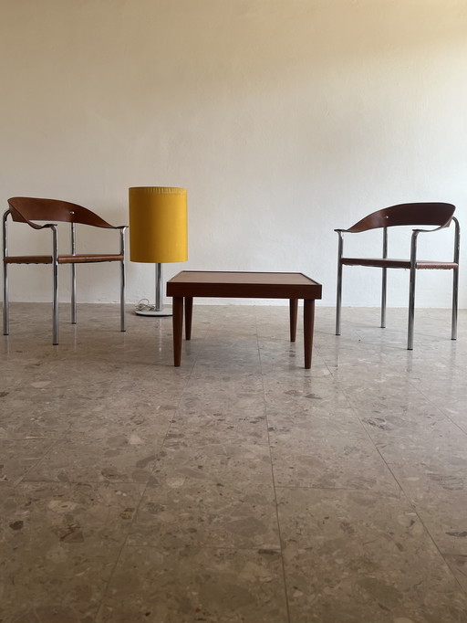 2x Originele "Italiaans Modernisme jaren 70" fauteuil, verchroomd buisvormig staal, leer!