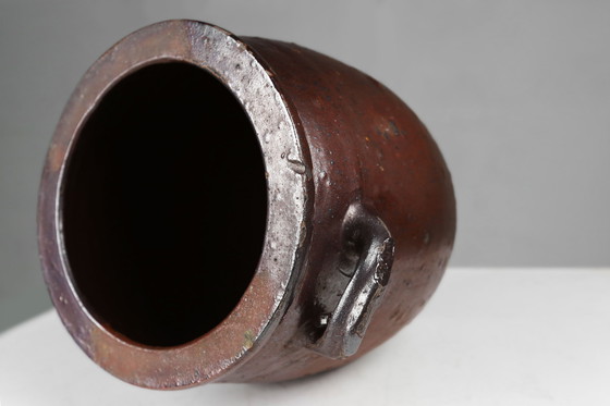 Image 1 of Maceta rústica grande de cerámica esmaltada marrón, firmada, Bélgica, siglo XIX