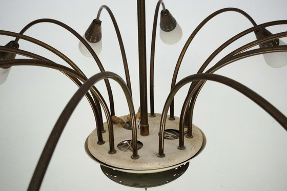 Image 1 of Large Italian Mid-Century Sputnik Brass Chandelier with Satin Glass, 1950s