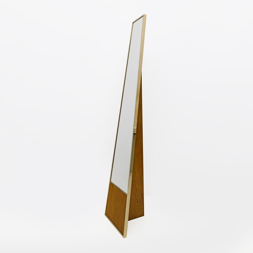 Mid-century Modern Brass and Wood Floor Mirror, Italy, 1970s