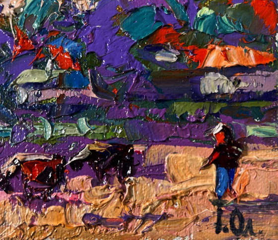 Image 1 of Original Oil Painting Sunset Houses Landscape Evening bell floats over the village
