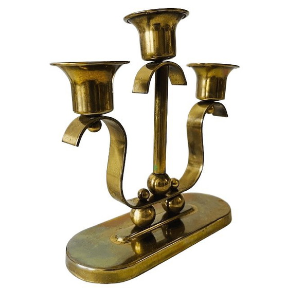 Image 1 of Candelabro antiguo Art Déco de latón de tres brazos, década de 1920.