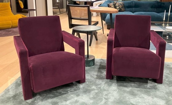 Image 1 of 2x Cassina 637 Utrecht Armchair (New, Never Used) in Ortigia/Plum Velvet with Red Thread Horse Stitching