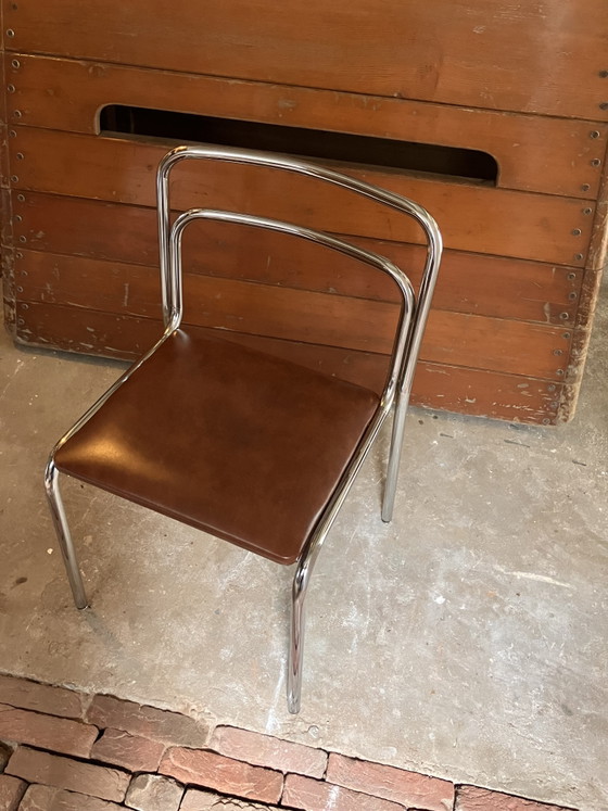 Meurop vintage designstoel met cognackleurige zitting – Eetkamerstoelen, Chrome (photo 3 of 7)