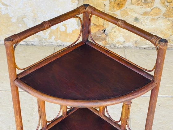Image 1 of Mid-Century Bamboo & Rattan 3-Tier Corner Shelf, 1960s