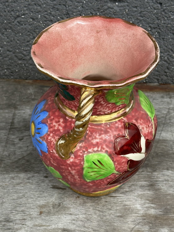 Image 1 of Beau Vase Vallauris Rose Bonbons et Motifs Floraux H 20 cm