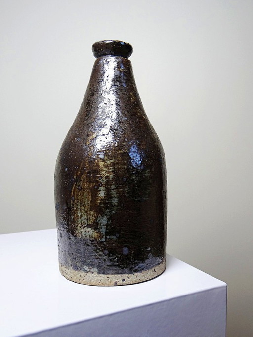 Bouteille en grès pyrité émaillé vintage artisanale signée Jean Lamy