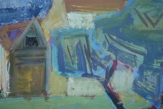 Image 1 of Lucie RIVEL, Boat moored on the canal. Framed gouache.