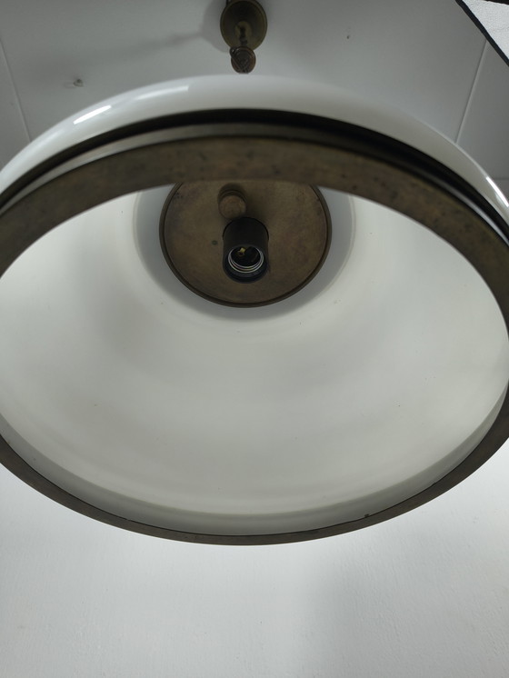 Image 1 of Vintage Scandinavian style pendant lamp – opaline glass & solid brass – Ø35 cm