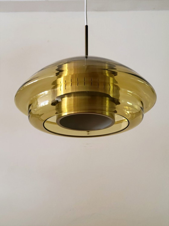 Dijkstra Space Age pendant lamp with amber glass, Netherlands 1970, Dijkstra Lampen, Metal, Yellow (photo 8 of 10)
