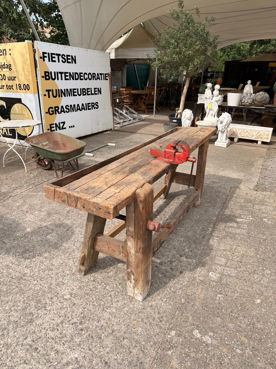 Image 1 of Solid Wood Carpenter’s Workbench with Original Cast Iron Vice